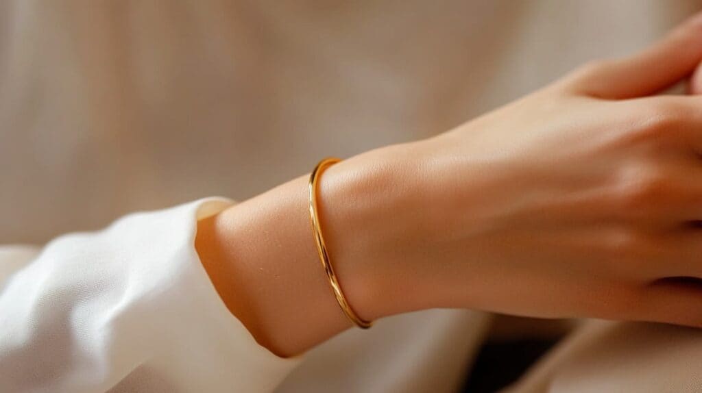 Minimalist gold bangle on a woman's wrist, a simple and elegant Mother's Day gift idea.