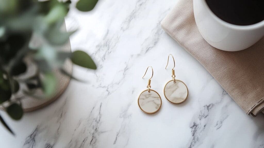 Clean gold hoop earrings placed on marble surface demonstrating proper jewelry maintenance and storage