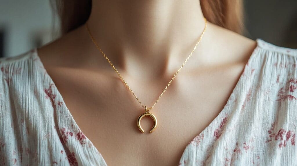 Minimalist gold horseshoe necklace worn as a symbol of good luck and positive energy.
