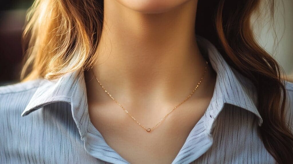 Close-up of a minimalist gold necklace styled with a light button-up shirt, suitable for a business casual setting.