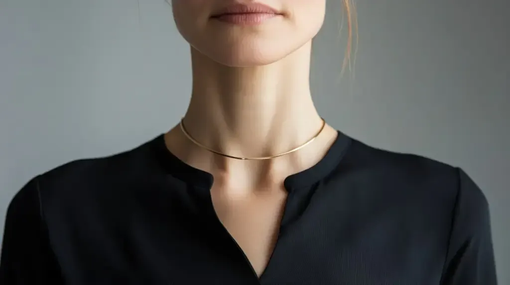 Minimalist gold permanent necklace on a woman's neck, emphasizing a seamless, modern jewelry style.