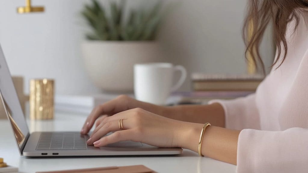 Close-up of hands typing on a laptop, adorned with a gold bracelet and ring, showcasing minimalist jewelry for a professional lifestyle.