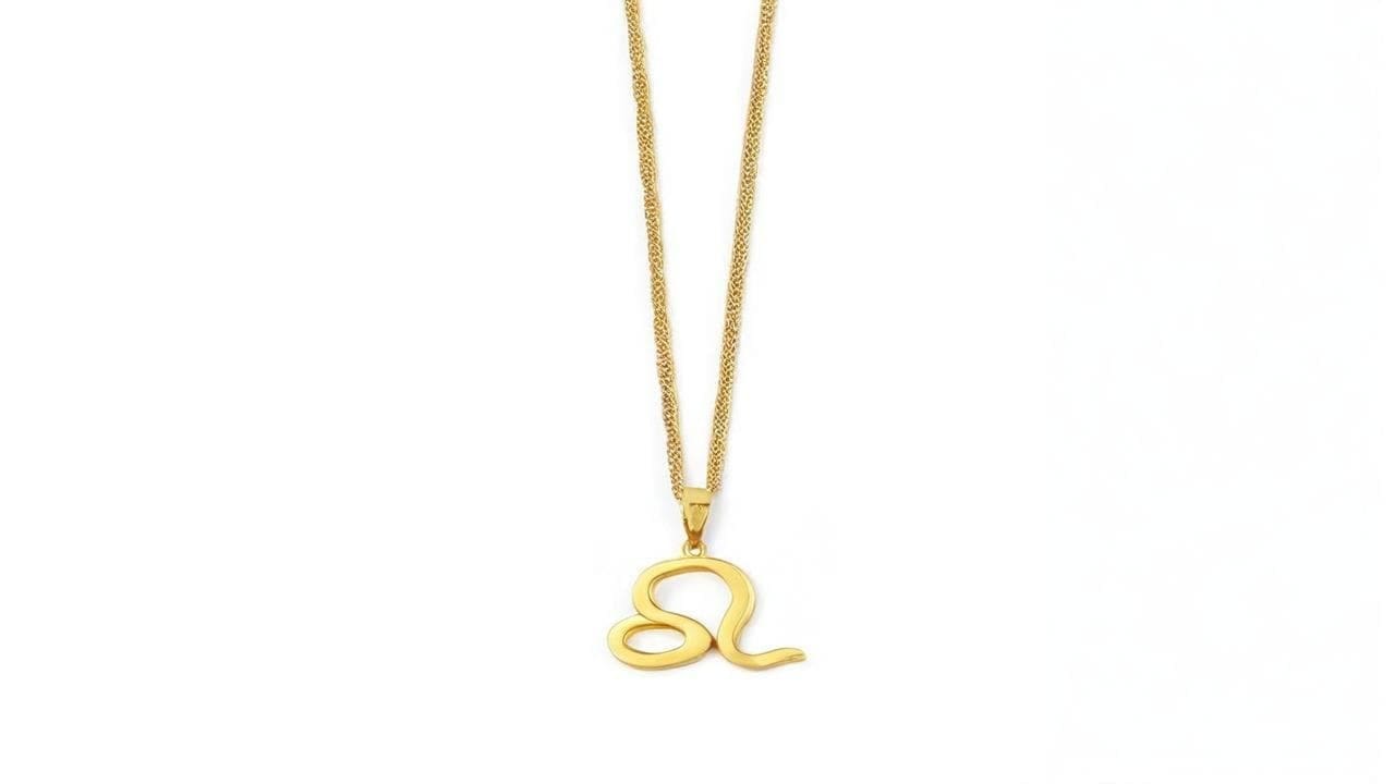 Minimalist gold Leo glyph pendant on a twisted chain against white