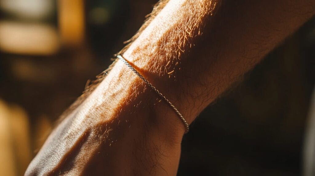 Close-up of a silver permanent bracelet on a wrist in natural light, highlighting the seamless, minimalist design.