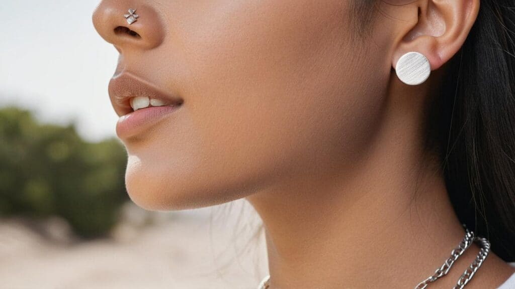 Close-up of minimalist round silver stud earrings and star nose ring, ideal for simple casual jewelry styling