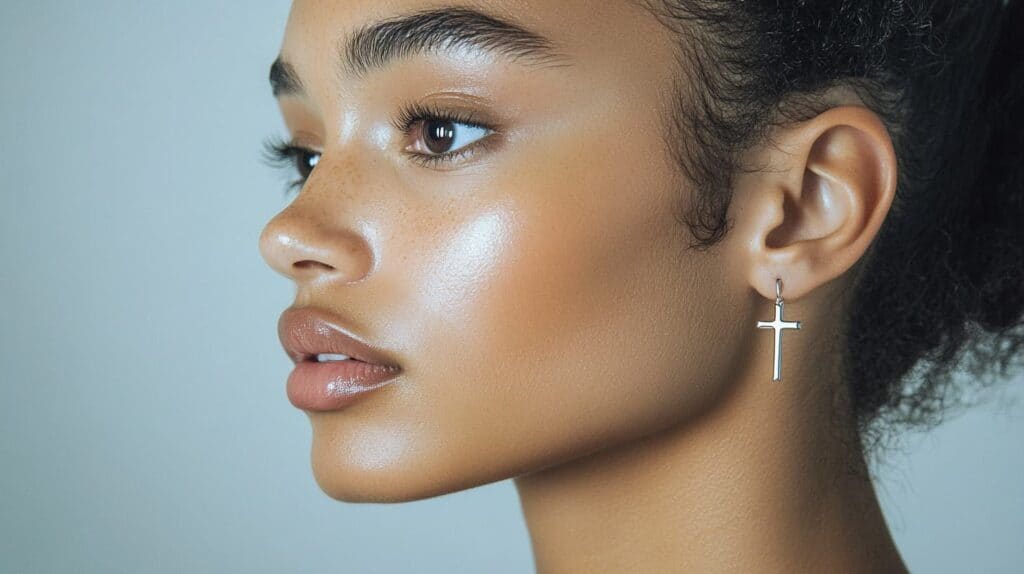 Minimalist silver cross earring worn by a woman, representing faith and personal style in cross jewelry.