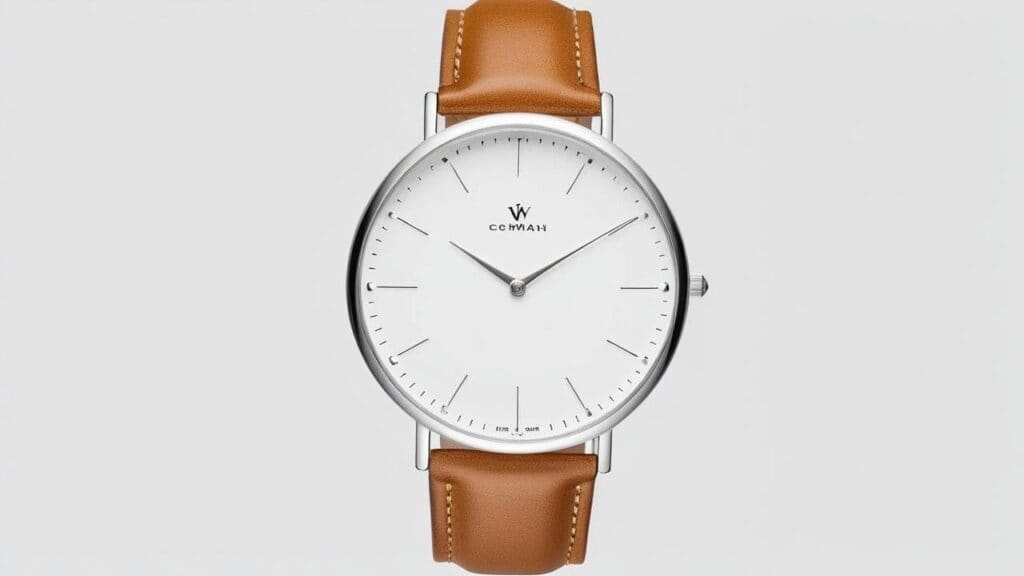 Modern minimalist silver dress watch featuring ultra-clean white dial with stick markers and brown leather strap exemplifying contemporary dress watch design