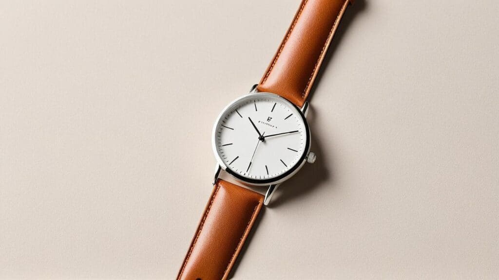 Minimalist watch with brown leather band positioned for testing timing accuracy and rate stability