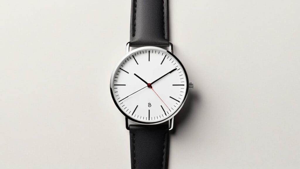Minimalist watch featuring black leather strap that may cause skin irritation from leather tanning chemicals and dyes