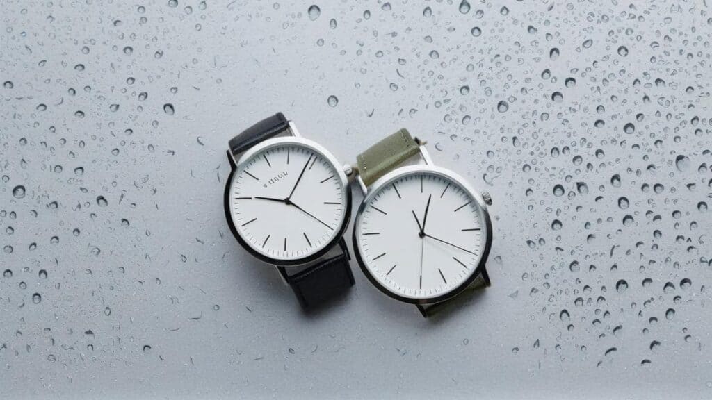 Clean white dial watches with black and olive green straps surrounded by water droplets on glass surface