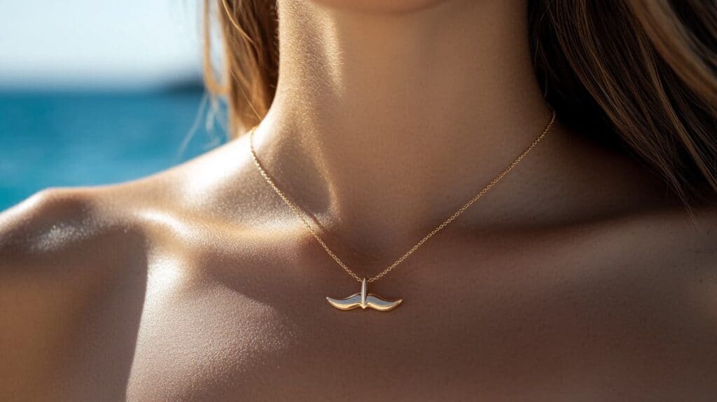 Minimalist gold whale tail necklace worn by a model with ocean backdrop
