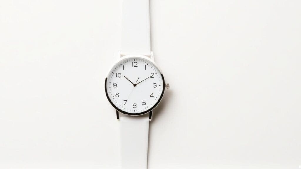 Minimalist white analog watch with clean white leather strap and simple numbered dial on white background