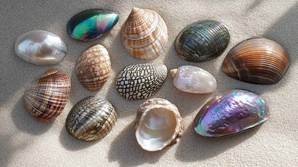 A collection of assorted sea shells displayed on sand, showcasing their diverse colors, textures, and natural patterns.