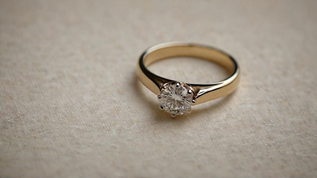 Modern diamond engagement ring in gold setting on neutral background, representing evolution of jewelry from ancient techniques to contemporary designs