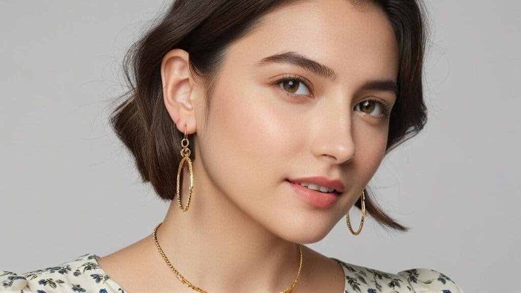 Close-up of woman wearing textured gold hoop earrings and a delicate chain necklace, styled for a modern business casual look