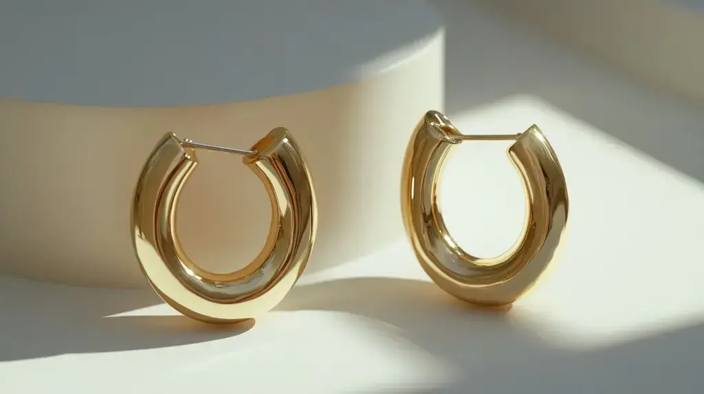 Modern gold horseshoe earrings with a sleek design, representing a lucky talisman and positive energy.