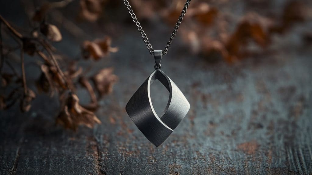 Modern grey gold pendant necklace with a brushed finish and geometric design, hanging on a delicate chain, against a rustic background.