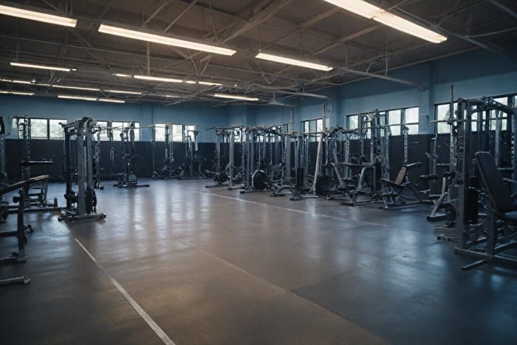 Modern gym interior with weightlifting equipment and safety considerations for ring wearing during exercise
