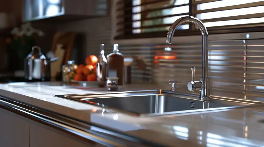 Modern kitchen sink with apples and bottles on the countertop