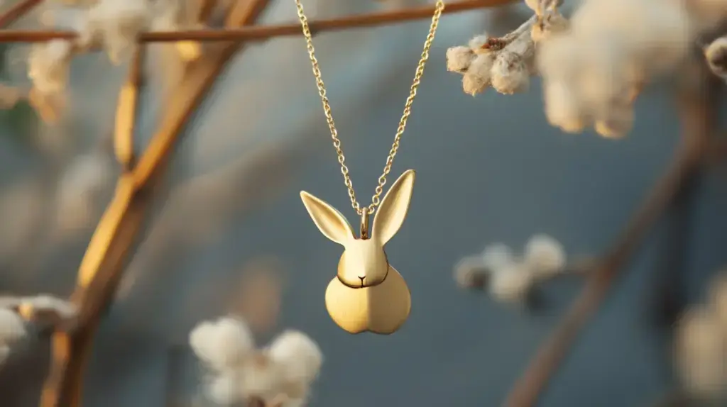 Minimalist gold rabbit pendant necklace hanging from a delicate chain, set against a nature-inspired background.