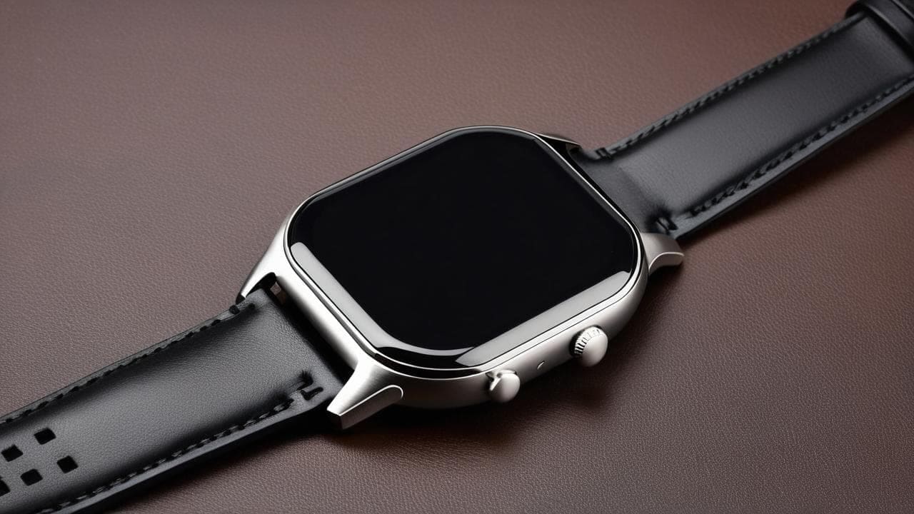 Square smartwatch with a blank black screen and black leather strap on brown leather