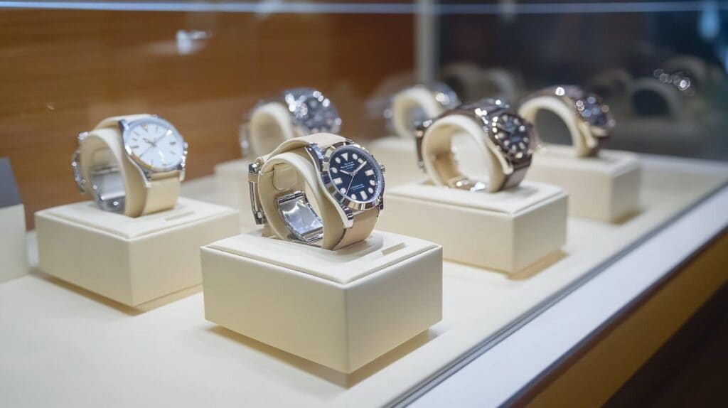 Modern watches with diverse designs, including dive and dress styles, arranged on cream-colored stands inside a retail showcase.