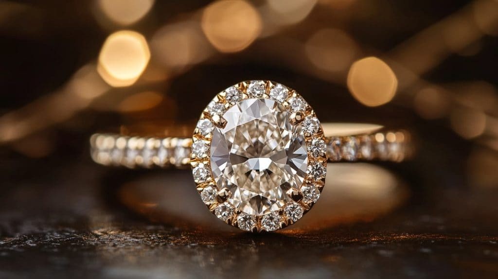 Elegant moissanite engagement ring with a gold halo setting and pave diamonds, beautifully illuminated against a warm background.