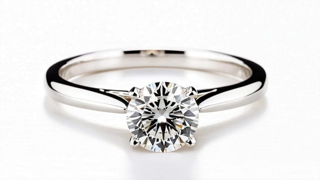 A dazzling moissanite engagement ring with a round brilliant-cut stone, set in a sleek white gold band for maximum brilliance.