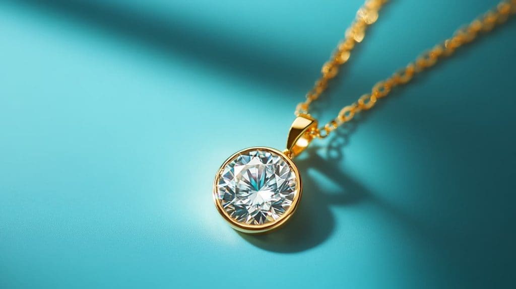 Stunning moissanite pendant on a gold chain, showcasing its brilliance and modern elegance against a turquoise background.