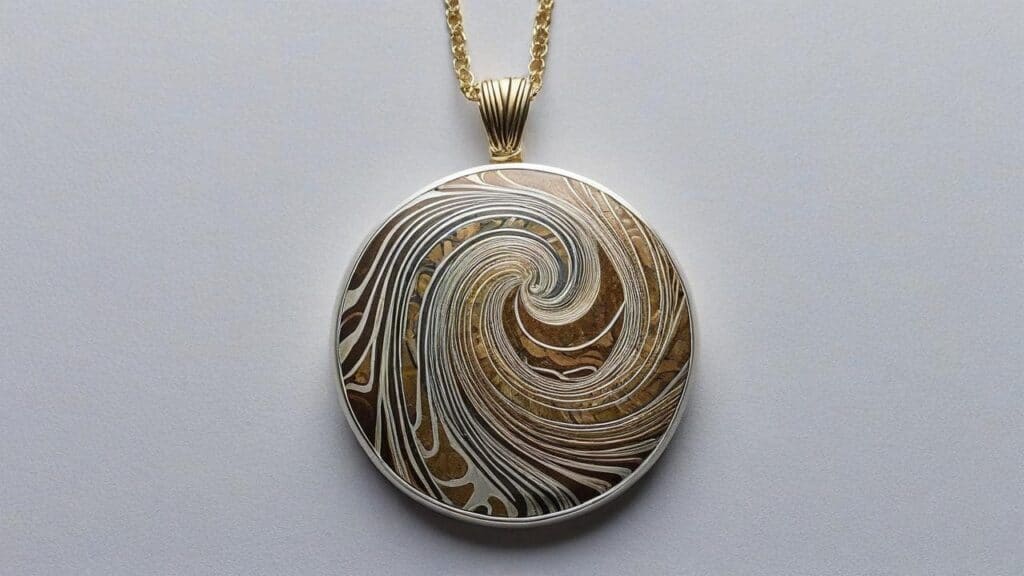 Mokume Gane circular pendant featuring Guri Bori spiral pattern with concentric rings in mixed metals on gold chain
