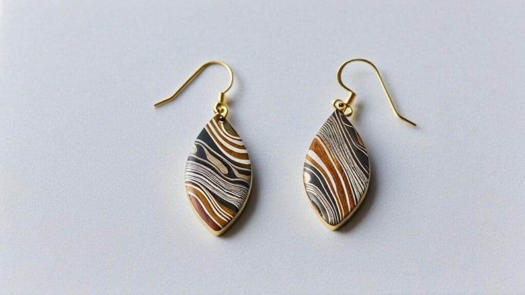 Pair of Mokume Gane drop earrings with natural wood grain patterns in gold, copper and silver metal combinations