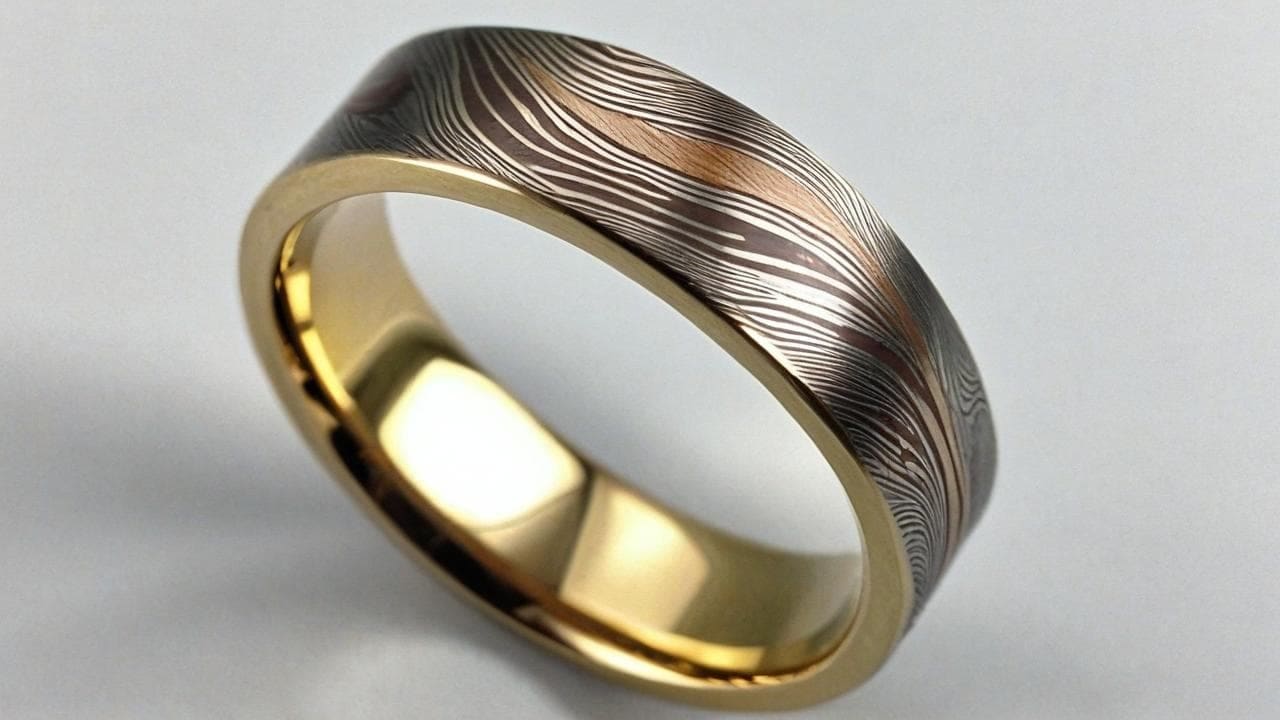 Mokume gane ring with swirling wood-grain layers of silver, copper and gold