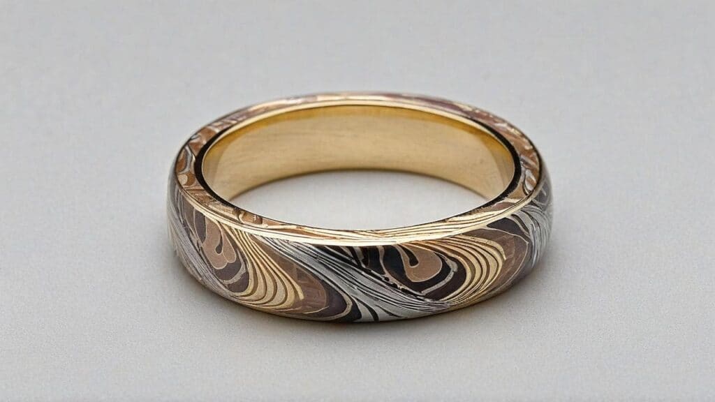 Close up view of Mokume Gane ring showing intricate swirling patterns with gold interior and mixed metal exterior