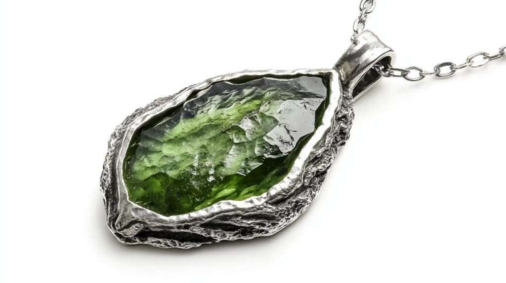 Close-up of a raw green moldavite pendant set in textured silver, showcasing the natural surface patterns and deep green hue.
