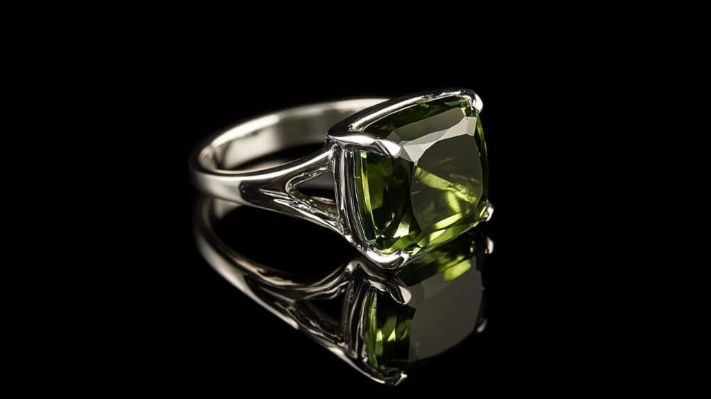 Elegant silver ring featuring a cushion-cut green moldavite gemstone, reflecting light on a black surface.