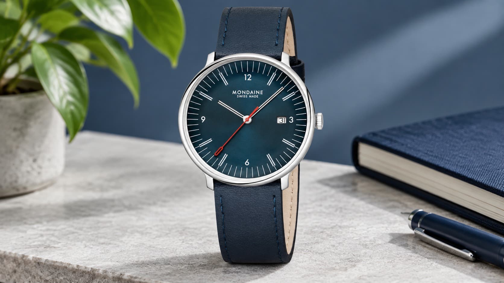 Mondaine Doppio watch with blue vegan apple leather strap, 41mm case