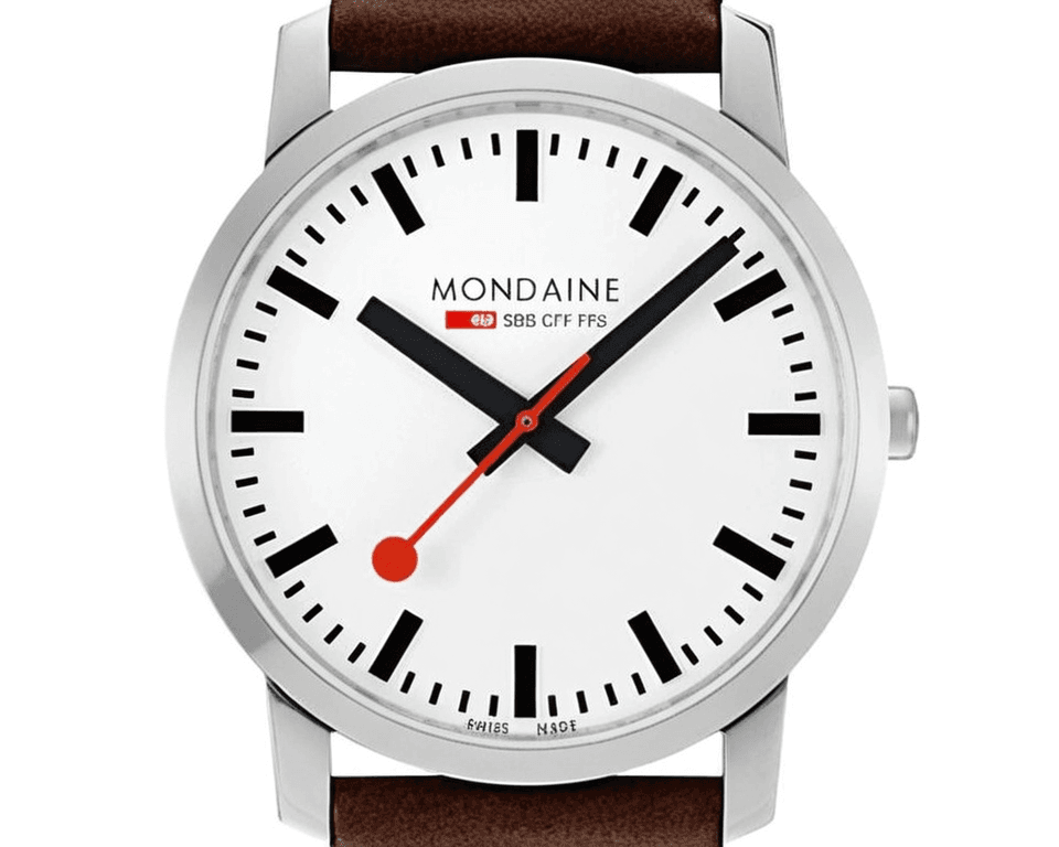 Mondaine Swiss railway watch with white dial, red seconds paddle and brown strap