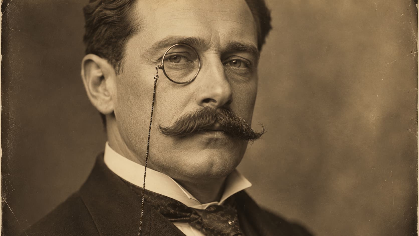 Vintage sepia portrait of a mustached man wearing a monocle on a chain