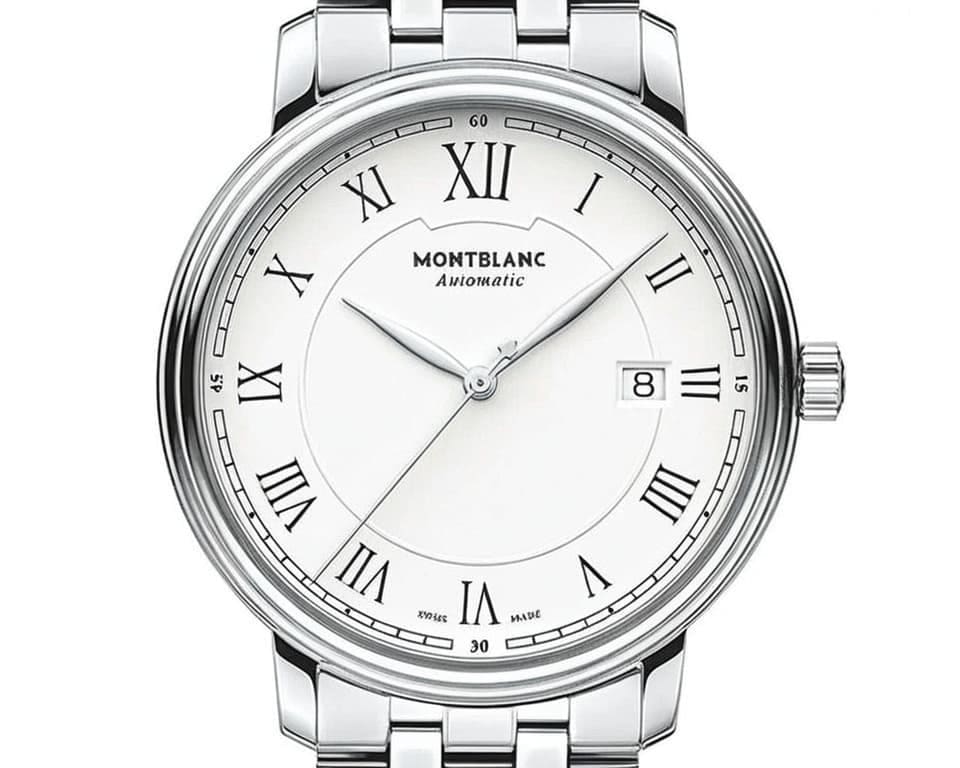 Montblanc Tradition automatic watch with white dial, Roman numeral markers, date display, and stainless steel bracelet
