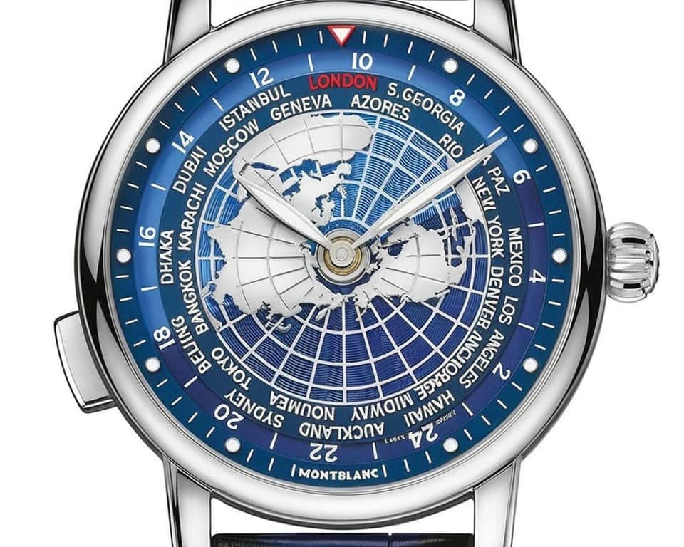 Montblanc world time watch with a blue world-map dial ringed by city names
