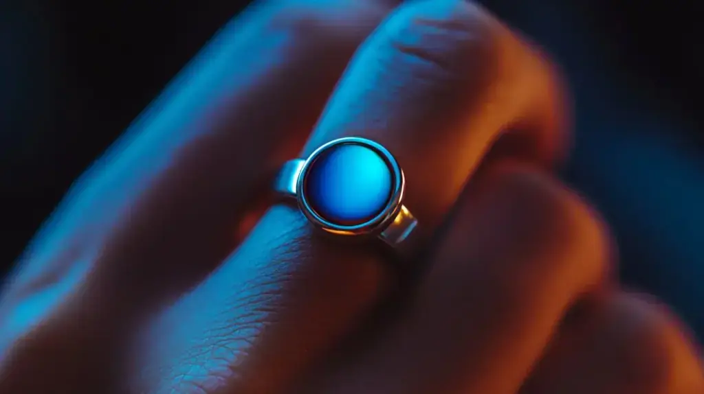 Silver mood ring with a blue stone worn on a hand, reflecting a calm and relaxed emotional state.