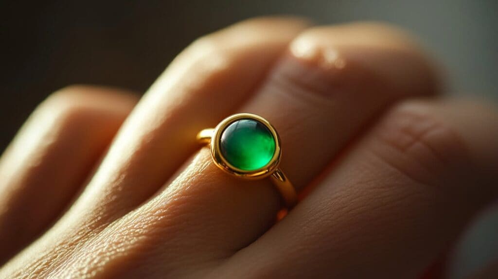 Gold mood ring with a green stone worn on a hand, symbolizing a balanced and alert emotional state.