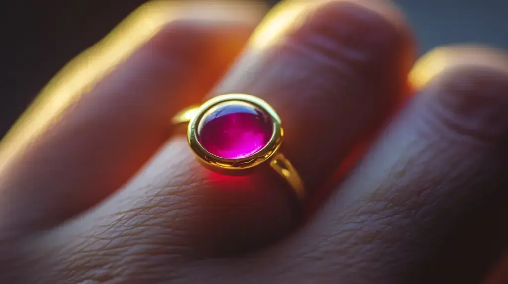 Gold mood ring with a pink stone worn on a hand, indicating a playful or joyful mood based on temperature changes.