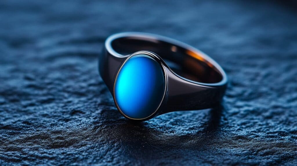Mood ring with a blue stone placed on a dark textured background, representing a calm and peaceful mood.