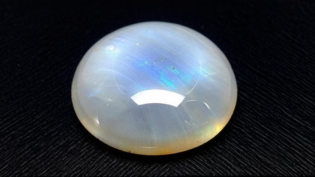 Round moonstone cabochon displaying blue adularescence and luminous sheen