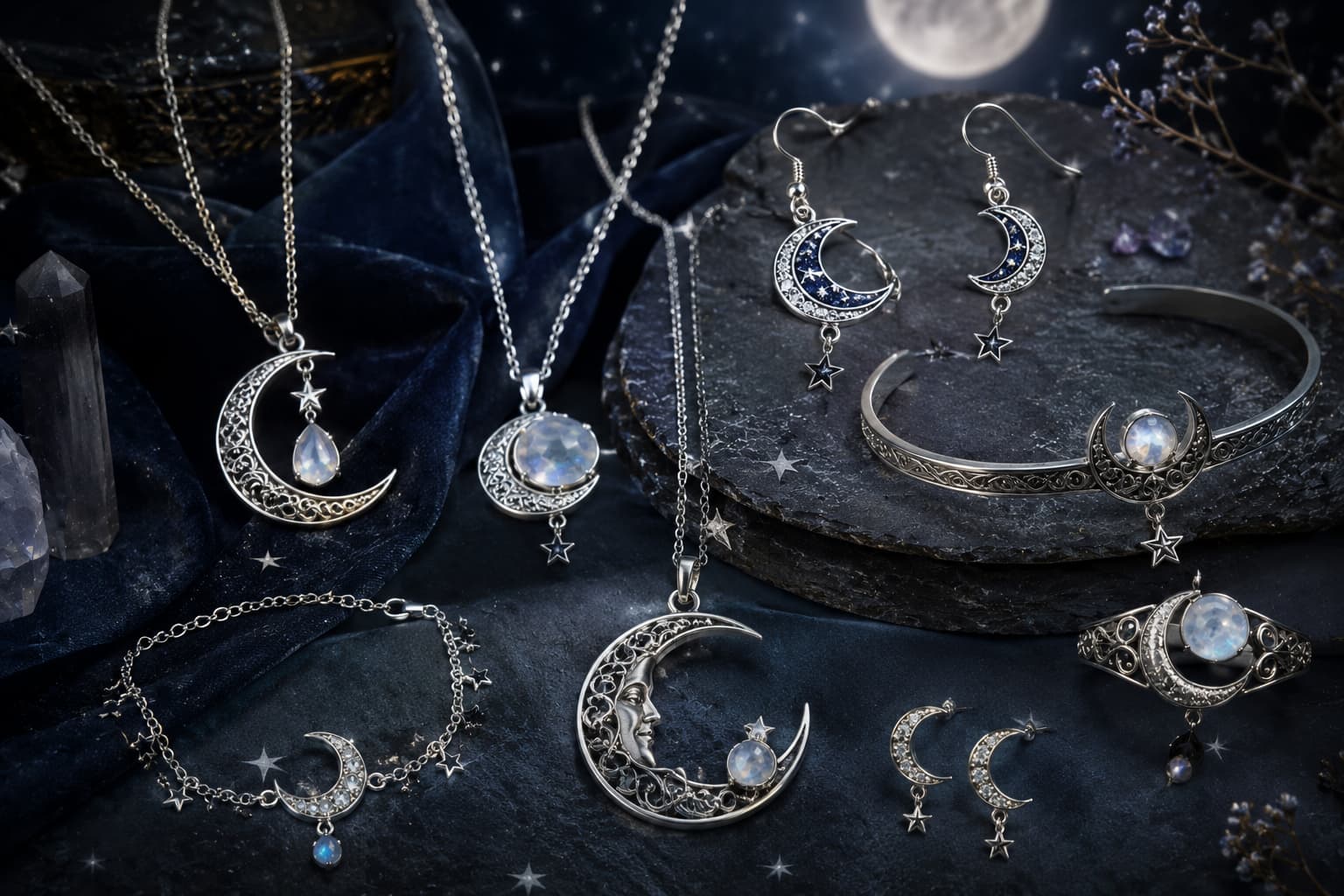 Silver crescent moon jewelry with moonstone gemstones, including necklaces, earrings, and a bracelet