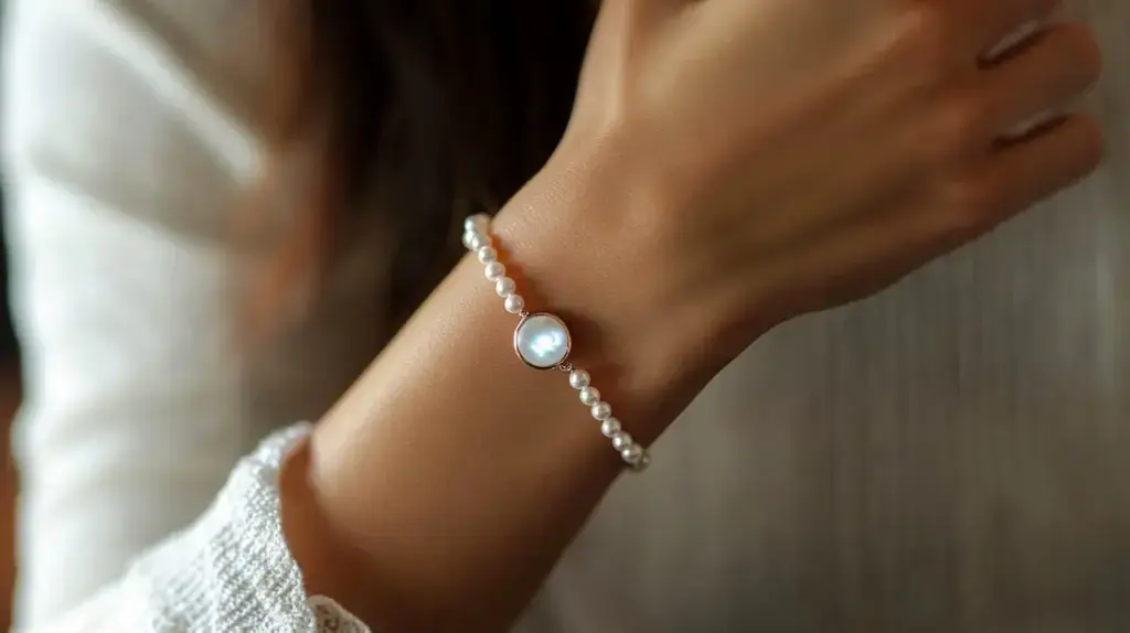 Elegant pearl bracelet for June, featuring a moonstone as the central piece, symbolizing purity and new beginnings.