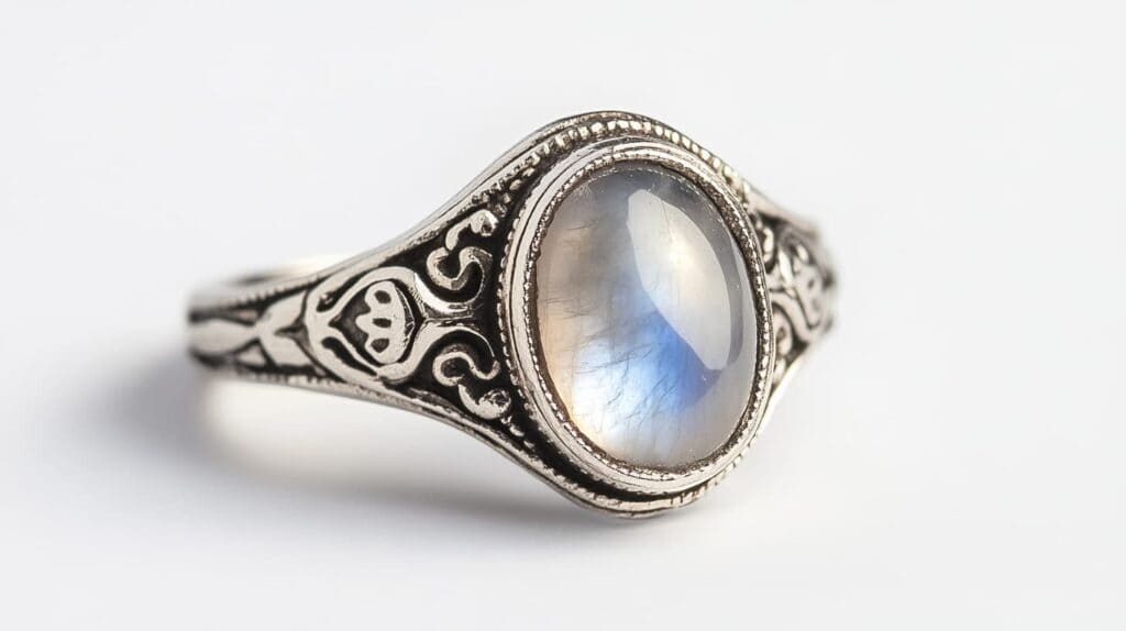 Oval moonstone ring set in an intricately detailed silver band, showcasing a vivid blue adularescence that enhances its antique-inspired elegance.