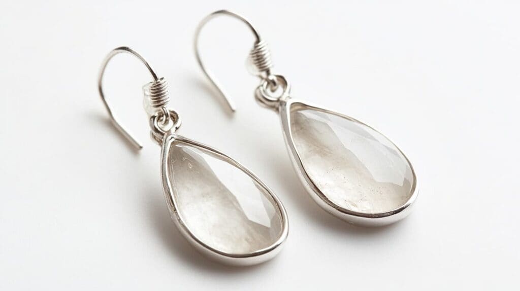 A pair of teardrop-shaped moonstone earrings in sterling silver settings, featuring faceted stones with a soft, translucent glow, perfect for elegant jewelry designs.