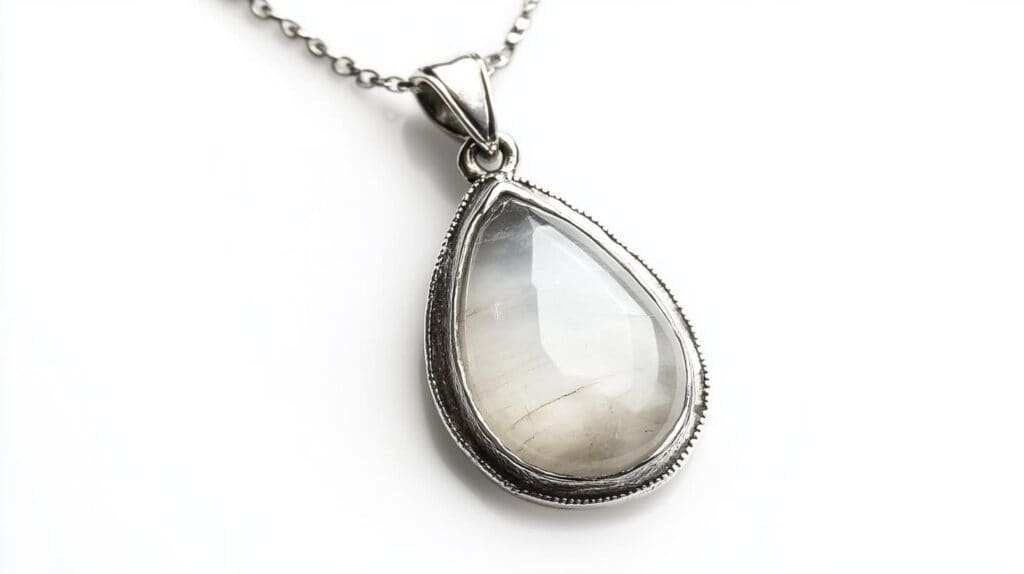 Teardrop-shaped moonstone pendant in an ornate silver setting, showcasing its subtle adularescence and vintage-inspired design.